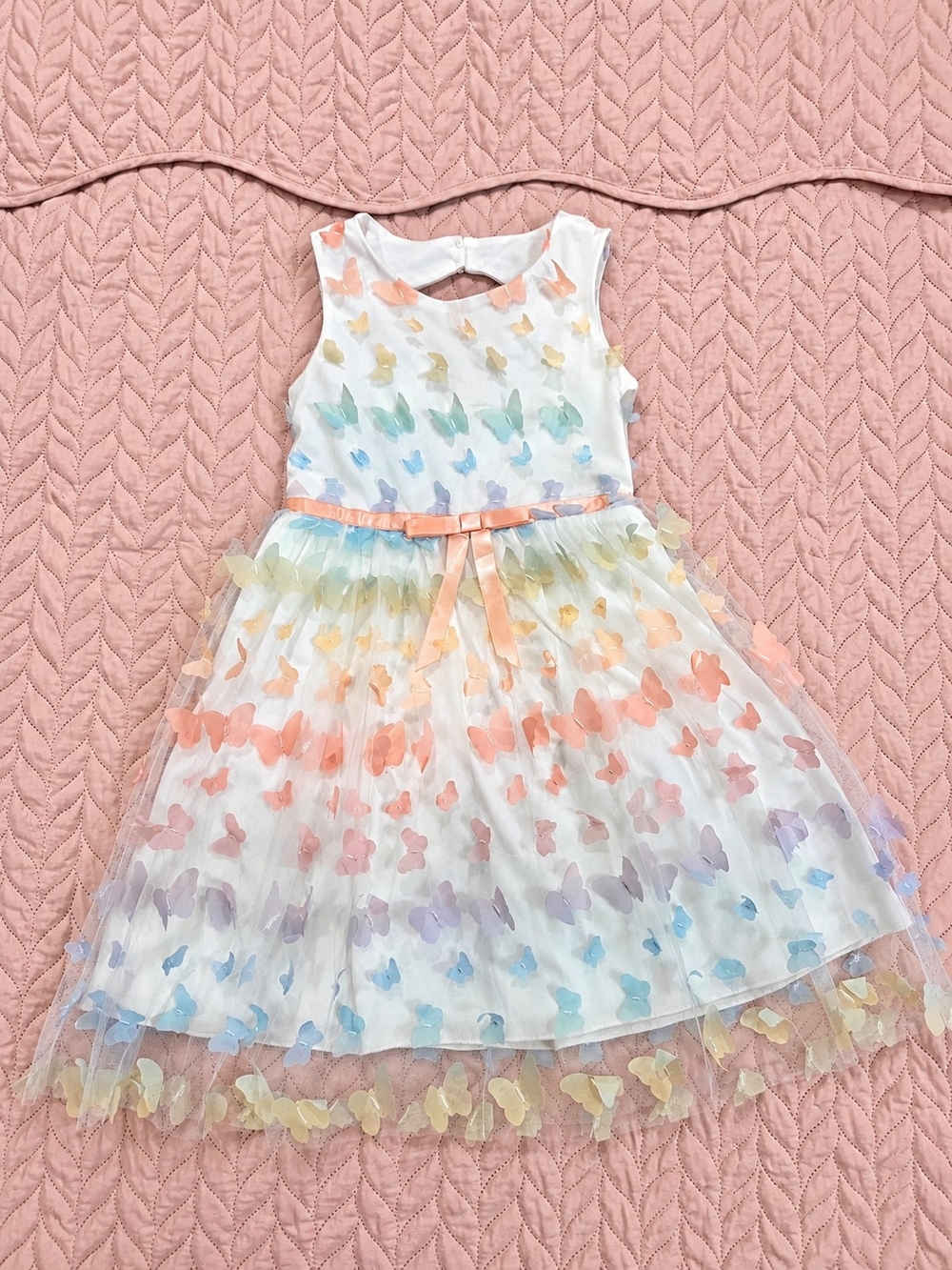 Speechless White Sleeveless Dress with Pastel Rainbow Butterflies and Peach Belt